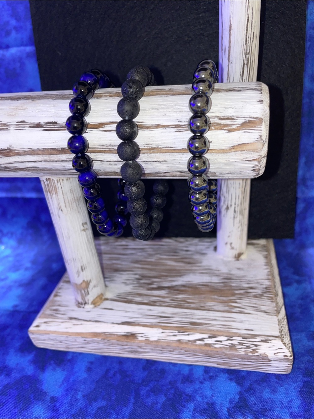 Set of 3. Sapphire, Onyx & Hematite Stone beaded bracelets.